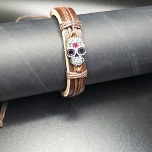 Dia de los Muertos Sugar skull Brown leather adjustable bracelet